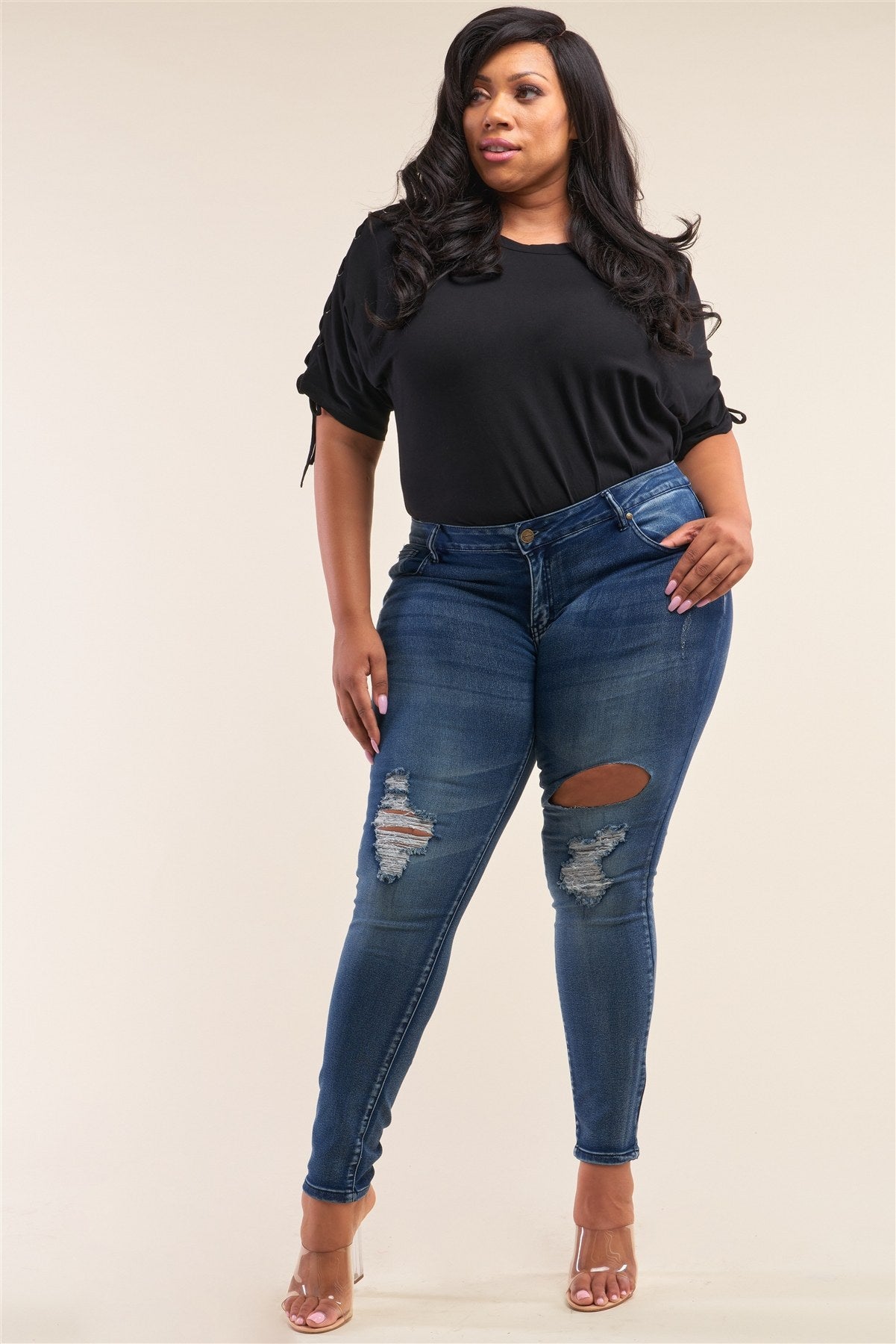 Plus Size Dark Blue Low-rise Ripped Denim Pants