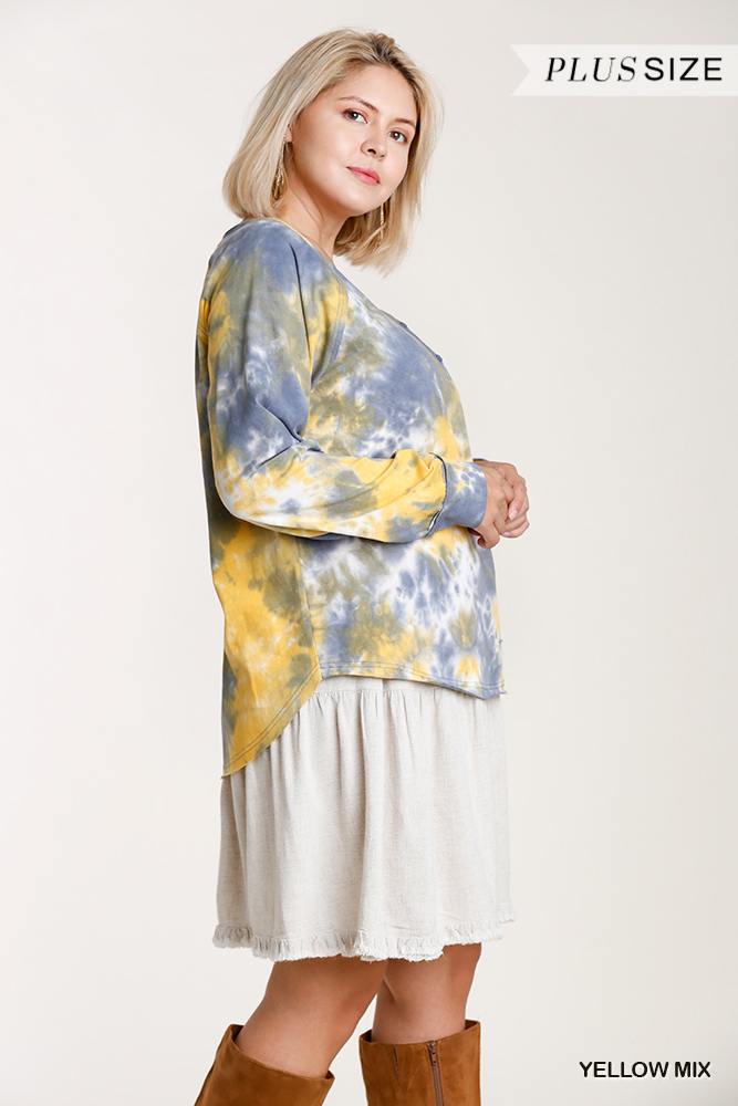 Tie-dye Button Front Long Raglan Sleeve Top With Raw Hem