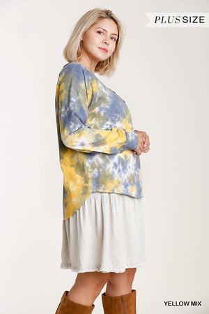 Tie-dye Button Front Long Raglan Sleeve Top With Raw Hem