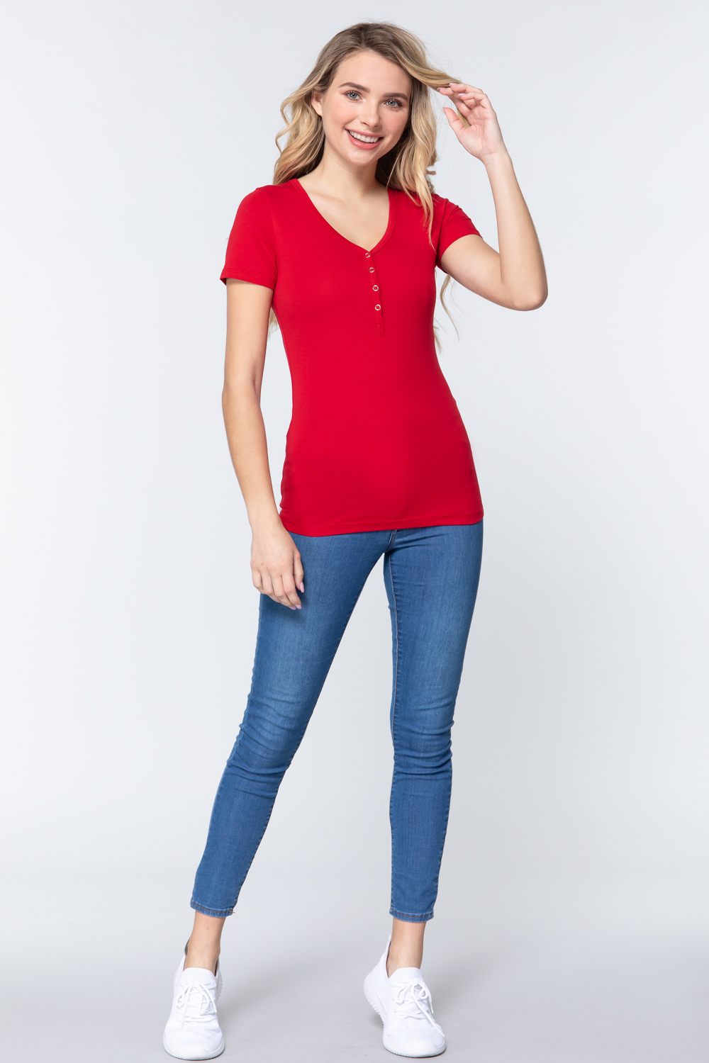 Short Slv V-neck Henley Knit Top