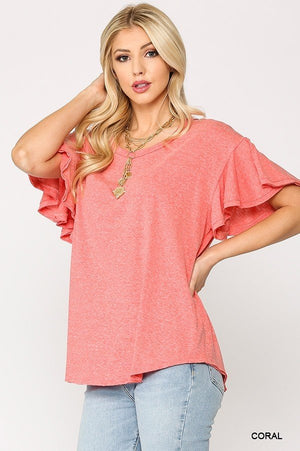 Solid Round Neck Frill Sleeve Top With Scoop Hem