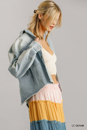 Collar Button Down Denim Jacket With Chest Pockets