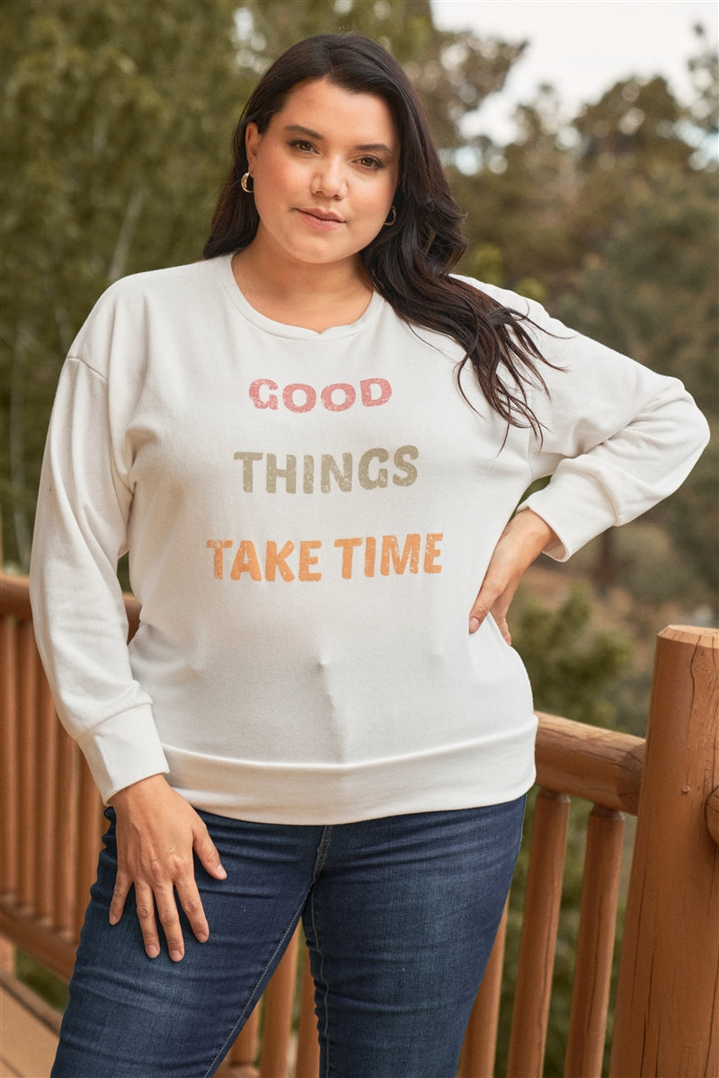 Plus White Metaphor Printed Long Sleeve Relaxed Sweatshirt Top