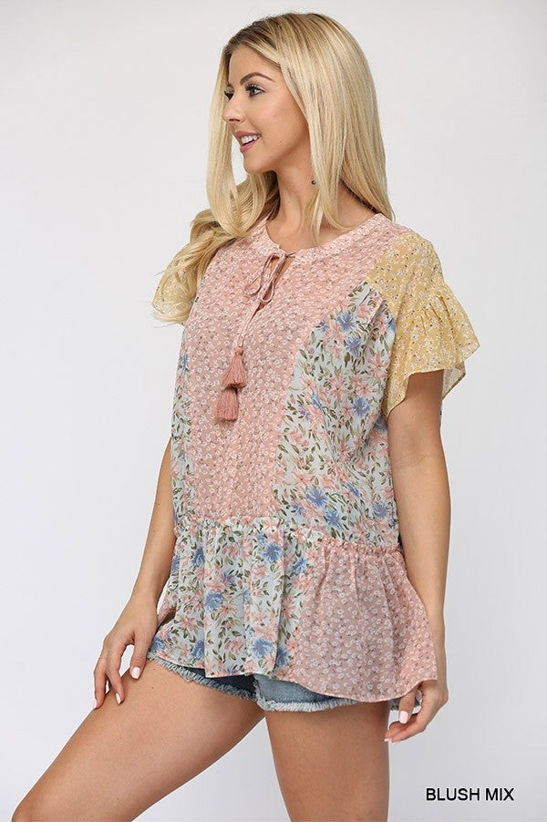 Floral Mixed Print Chiffon Short Top With Front Tassel Tie