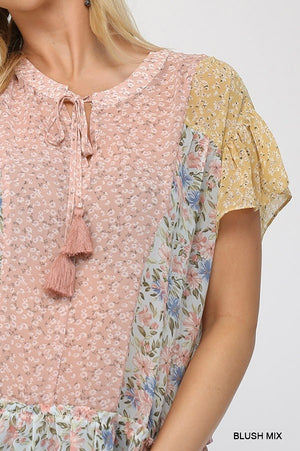 Floral Mixed Print Chiffon Short Top With Front Tassel Tie