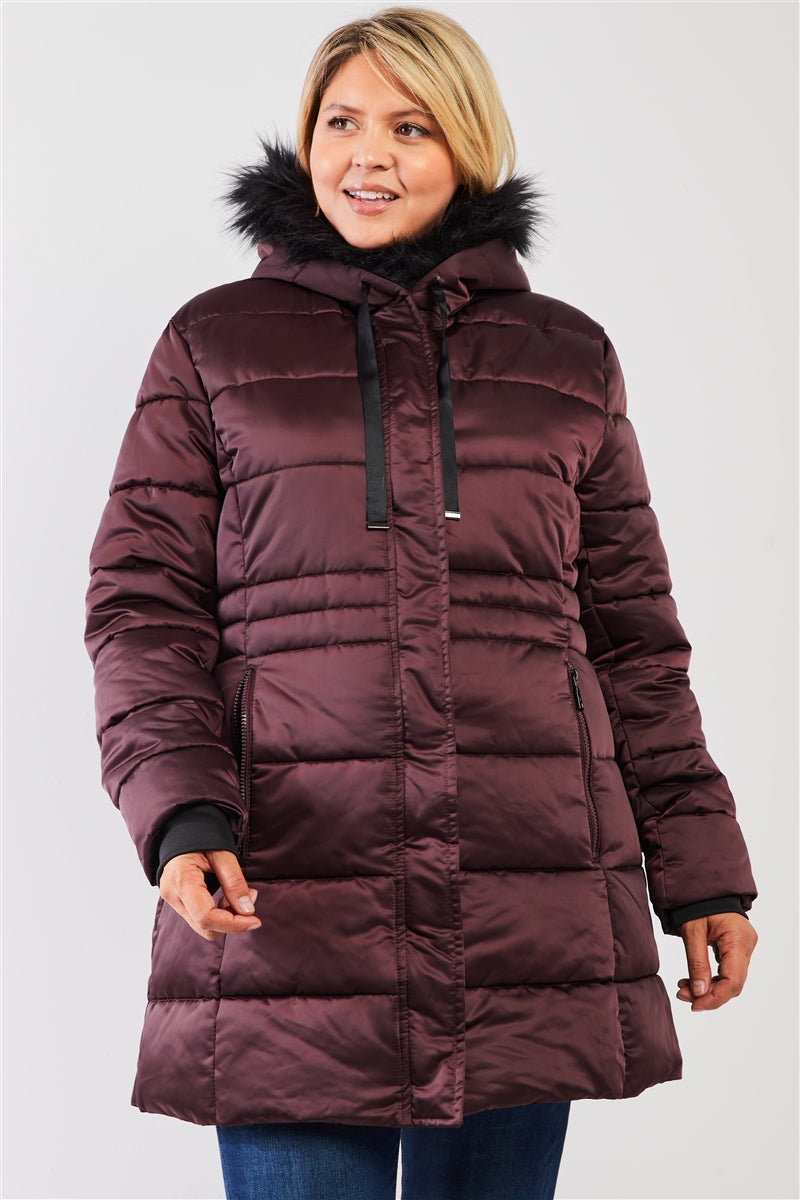 Plus Glossy Long Fitted Vegan Fur Hood Detail Winter Puffer Jacket