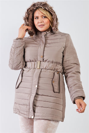 Plus Parallel Quilt Faux Fur Hood Belted Padded Long Puffer Jacket