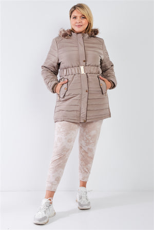 Plus Parallel Quilt Faux Fur Hood Belted Padded Long Puffer Jacket