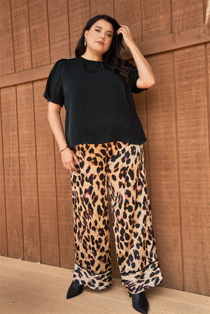 Plus Taupe Combo Leopard Print Satin High-waisted Wide Leg Pants