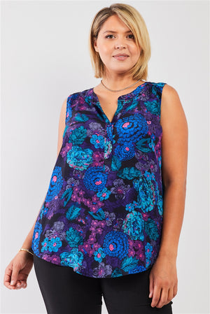 Plus 100% Silk Blue & Purple Floral Print Sleeveless Button Down Top