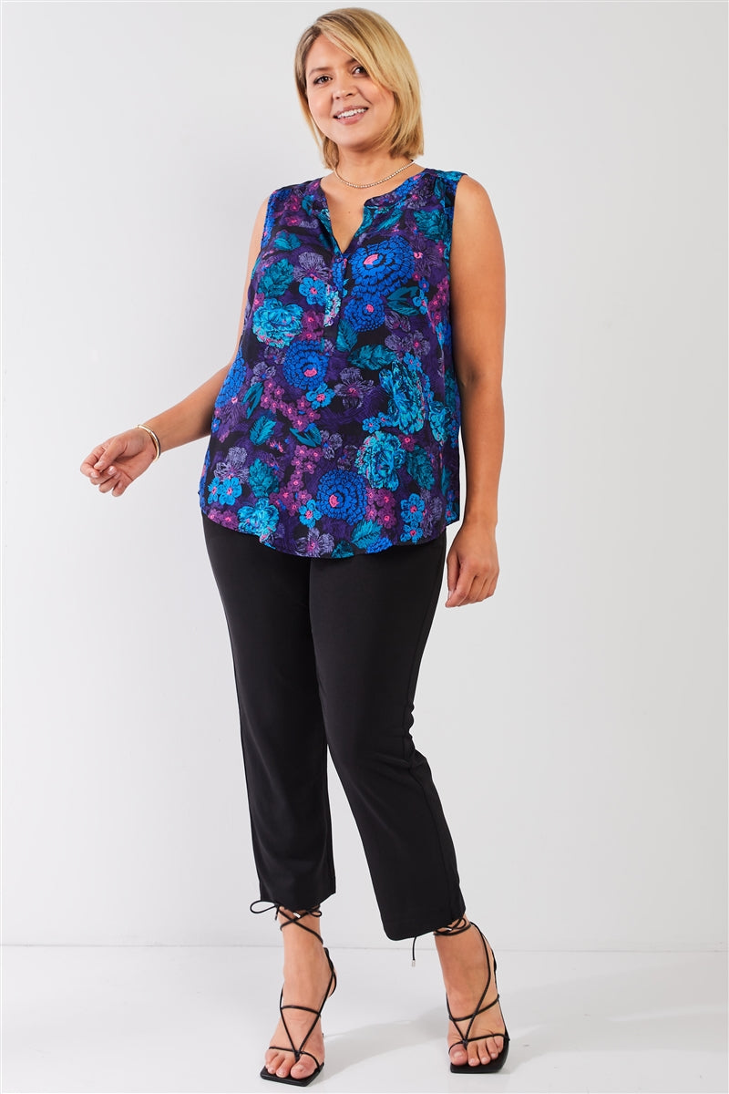 Plus 100% Silk Blue & Purple Floral Print Sleeveless Button Down Top