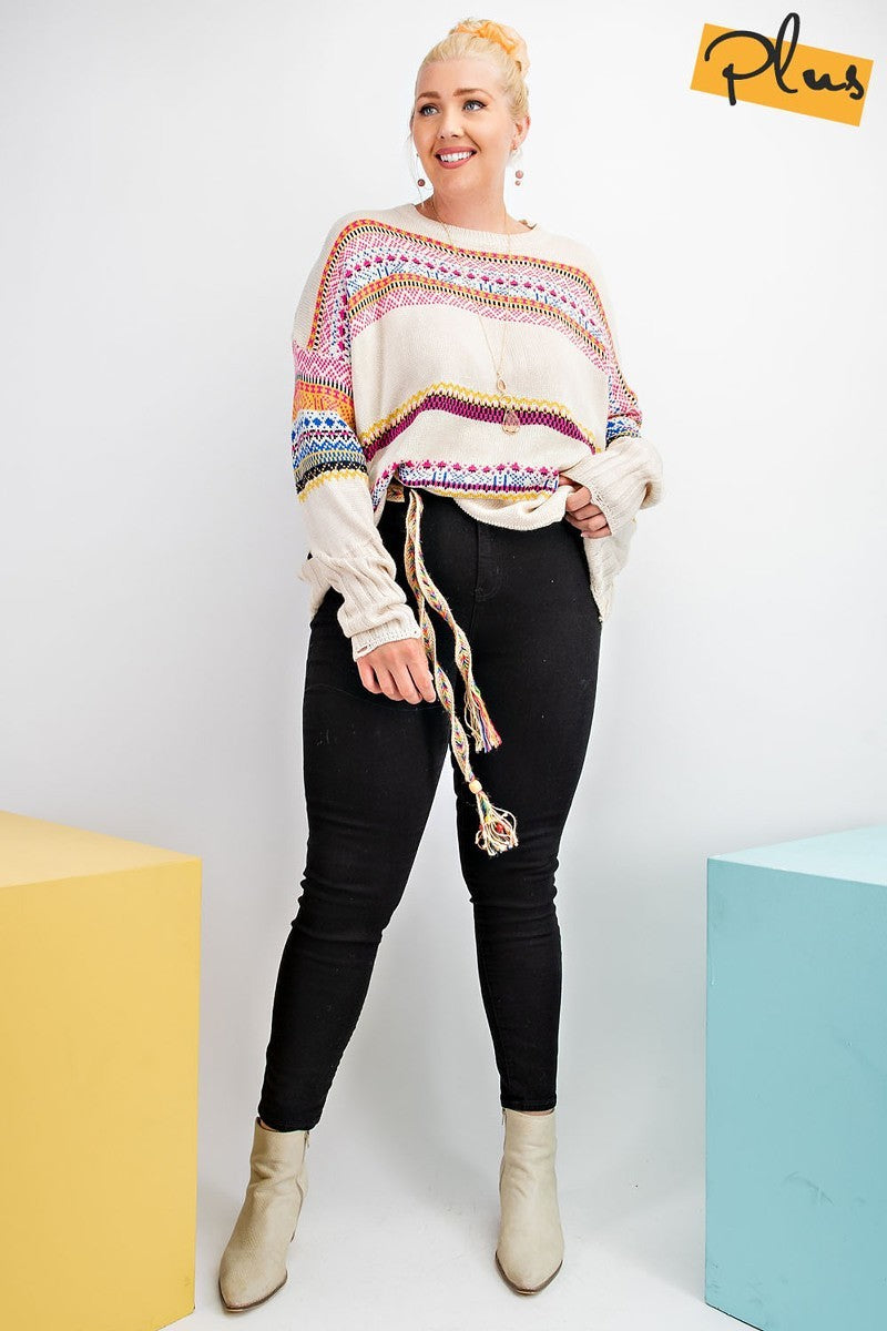 Plus Size Boho Patterned Knitted Sweater Pullover