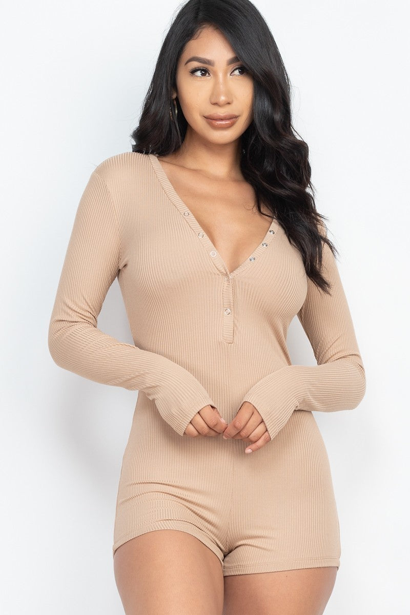 V Neck With Button Tap Bodycon Romper