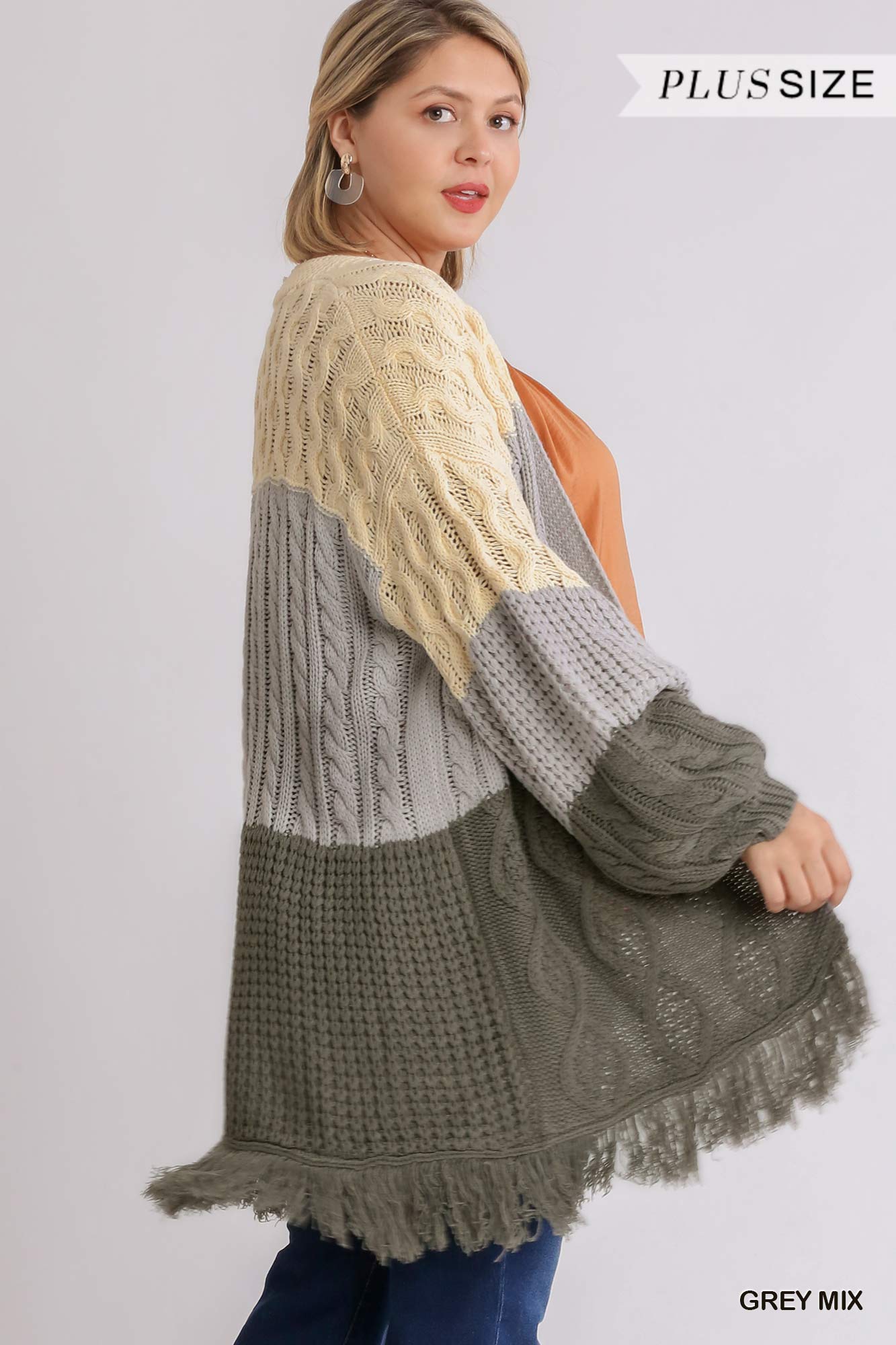 Patchwork Knitted Open Front Cardigan Sweater With Frayed Hem