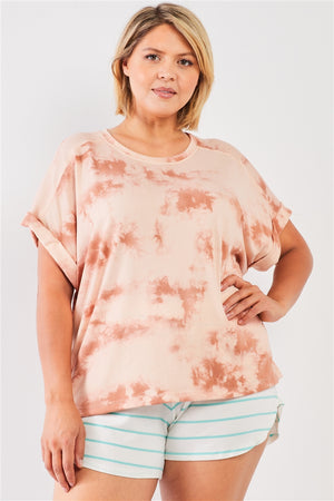 Plus Light Marsala Tie-die Crew Neck Short Folded Sleeve Top