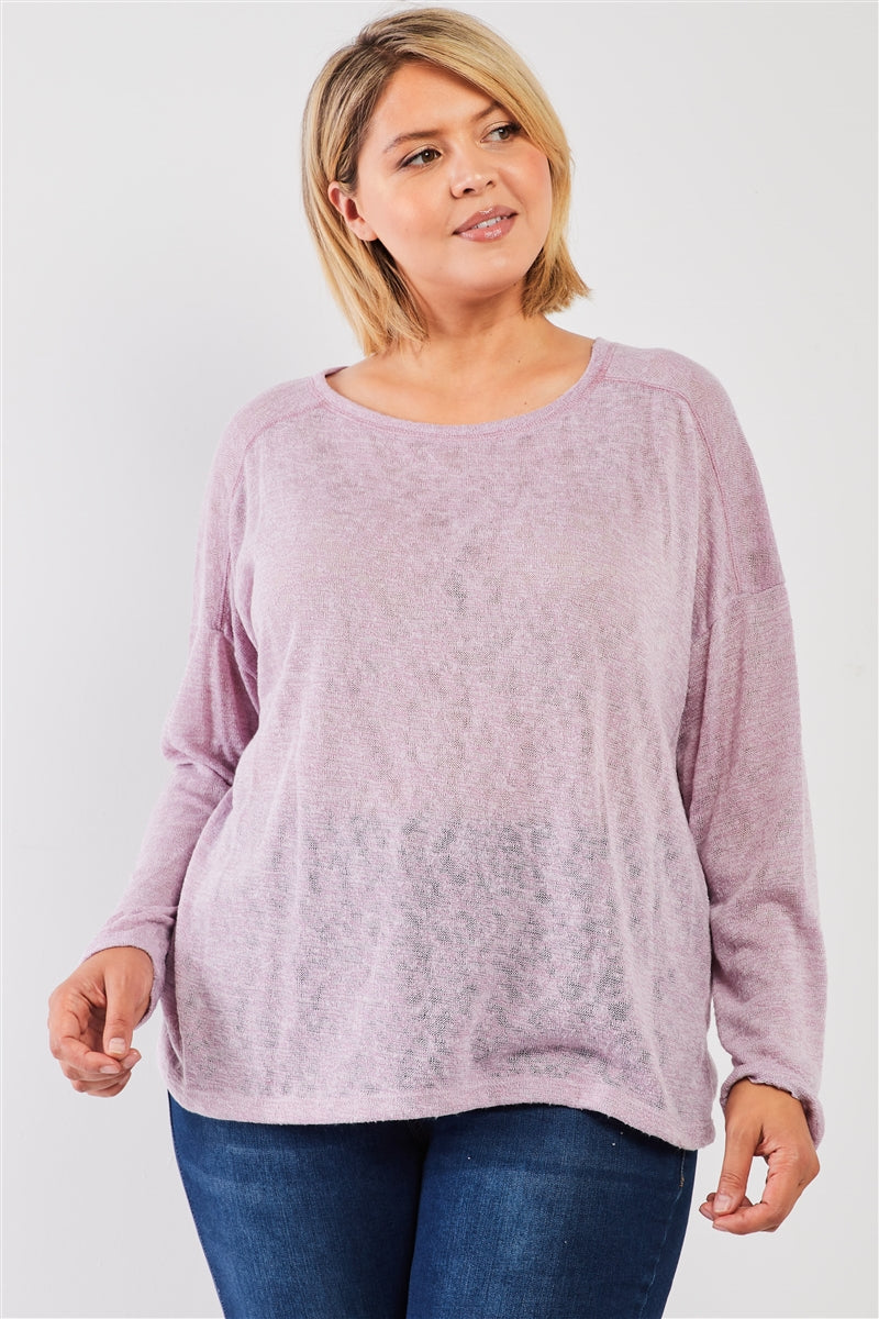 Plus Blush-lavender Round Neck Lightweight Knit Long Sleeve Top