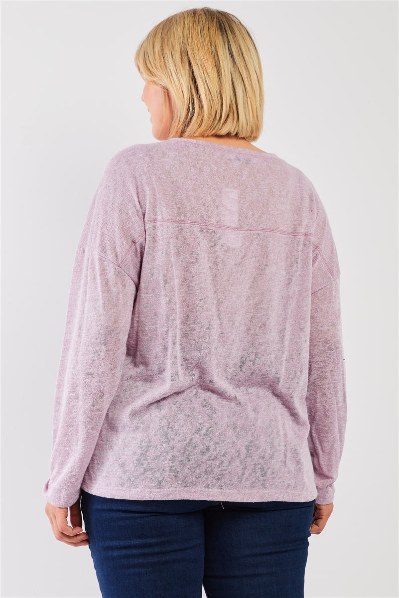 Plus Blush-lavender Round Neck Lightweight Knit Long Sleeve Top