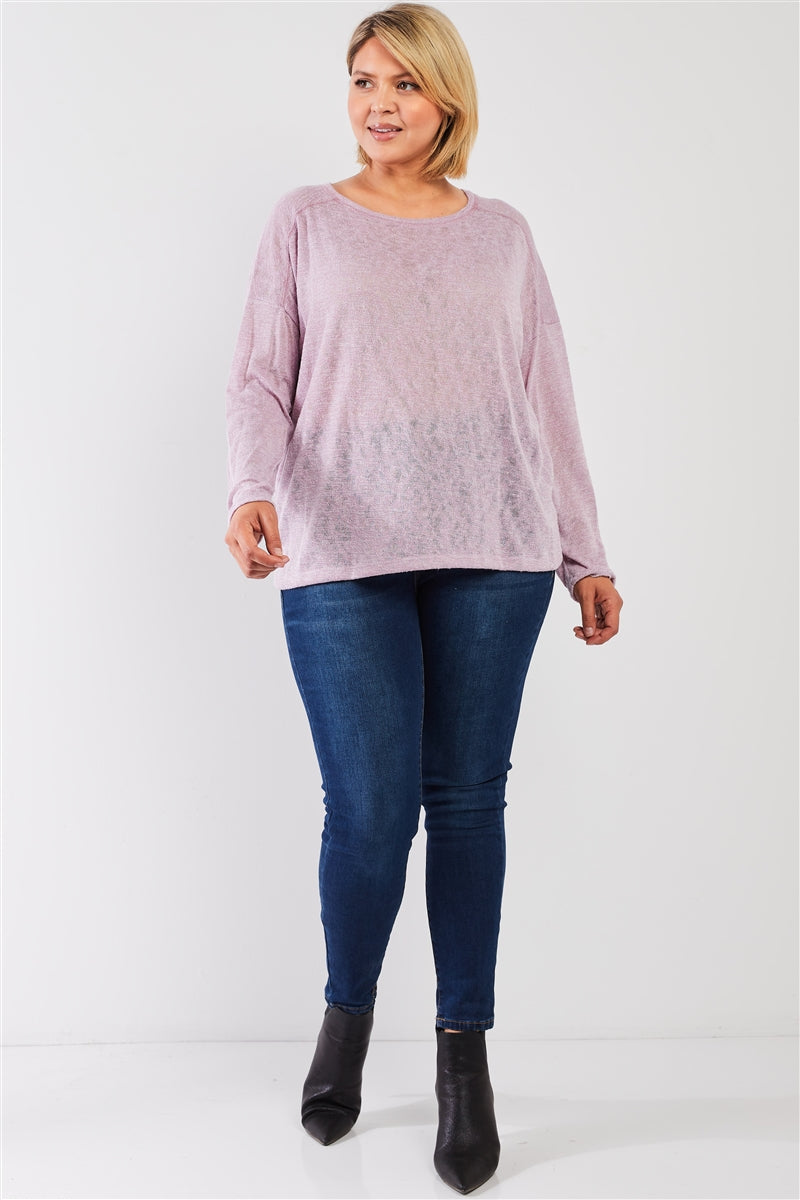 Plus Blush-lavender Round Neck Lightweight Knit Long Sleeve Top